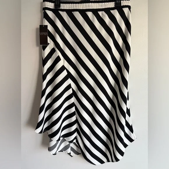 NWT LRL Ralph Lauren Black Label Sz 10 Black & White Striped Asymmetrical Skirt